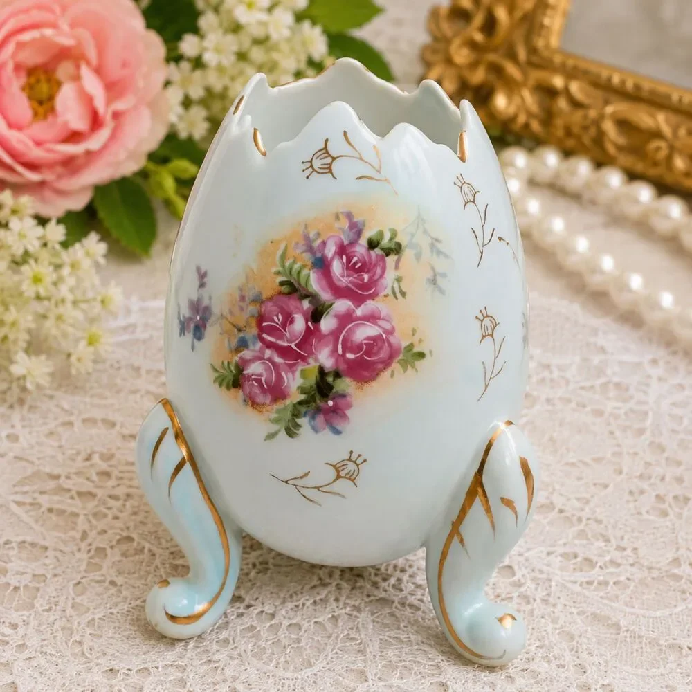 Vintage INARCO Japan Porcelain Footed Egg Vase Pink Roses Gold 4.75